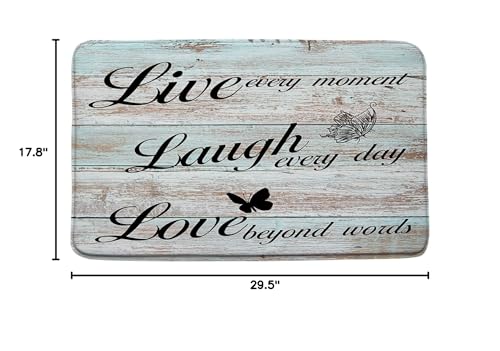 Live Laugh Love Bath Mat Rustic Teal Wooden Board Butterflies Inspirational Quotes Positive Motto Phrase Lettering Microfiber Memory Foam Bathroom Decor Home Entry Kitchen Bedroom Floor Rug - size: 1'6" x 2'6" (Rectangular)