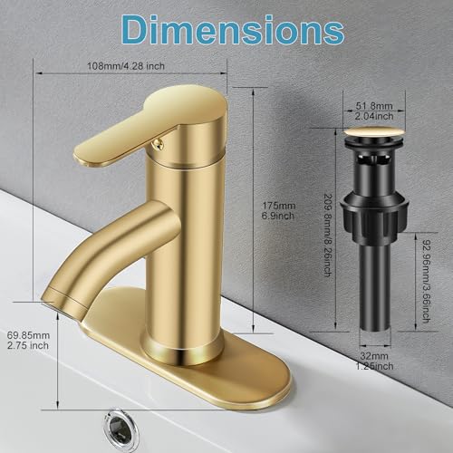 Bathroom Faucet 1 Hole, Brushed Gold Vanity Faucet,Single Handle | for 1 Hole or 3 Hole Bathroom Sink, RV, Vanity,with Deck and Pop-up Drain Easy to Clean - color: brushed gold