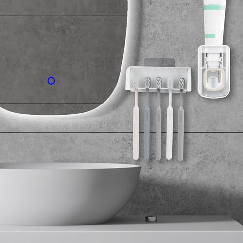 5 Slots Wall Mount Toothbrush Holder with Cover, Self Adhesive Toothbrush Storage Organizer for Shower, Toothbrush Hanger with Automatic Toothpaste Squeezer Dispenser - color: White Combination