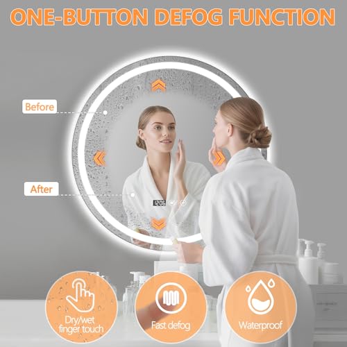 24" Round LED Bathroom Mirror with Anti-Fog & Touch Switch - 60x60cm Wall-Mounted Makeup Vanity Mirror, No Drilling Required, Smart Display Bathroom Mirror - size: 24"L x 24"W
