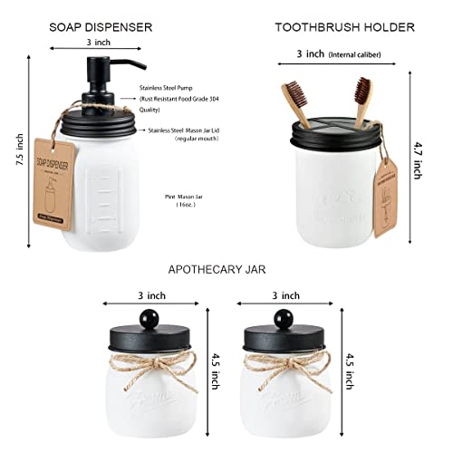 Amolliar Mason Jar Bathroom Accessories Set, 4Pcs Glass Bathroom Set, Black | White Retro Lotion Soap Dispenser, 2 Apothecary Jars, Toothbrush Holder, Rustic Farmhouse Bathroom Decor Countertop Organizer - size: White Black, style: Standard-mouth