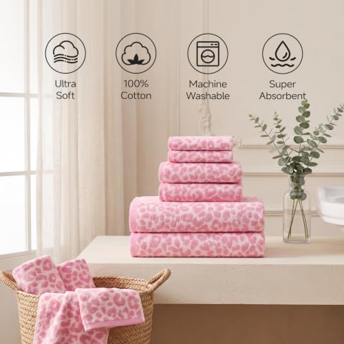 REDKISS Leopard Print Towel Set of 6,100% Cotton Bathroom Towels,Quick Dry & Absorbent,2 Bath Towel, 2 Hand Towel, 2 Washcloth-Pink - color: Pink