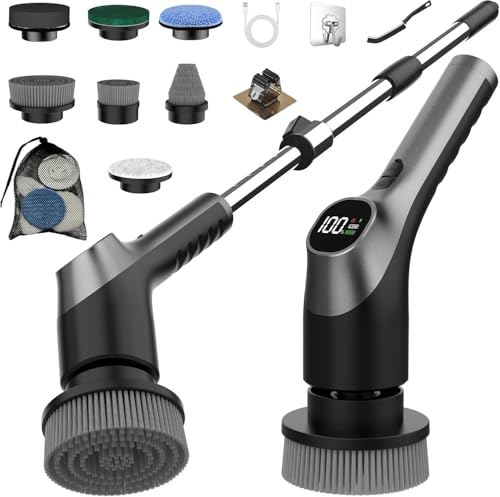 Electric Spin Scrubber, Shower Scrubber with Long Handle Adjustable LCD Display, 2 Speed Shower Cleaner, 7 Replaceable Brush Heads Bathroom Cleaning Brush, Bath Tub Power Scrubbers Black G3 - color: Black