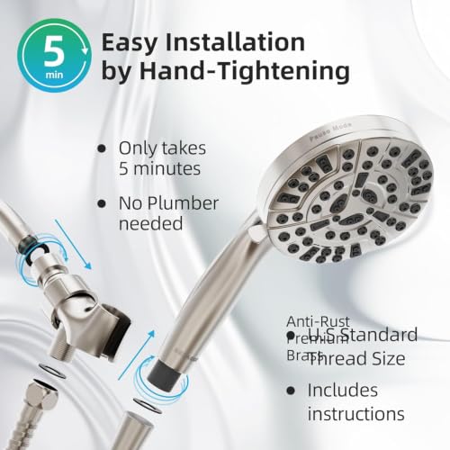 Shower Head, 9 Settings High Pressure shower head with handheld, Built-in Pause Mode & Power Wash, Non-Clogging Nozzles, 6ft Hose,Bracket (Satin Nickel) - color: Satin Nickel