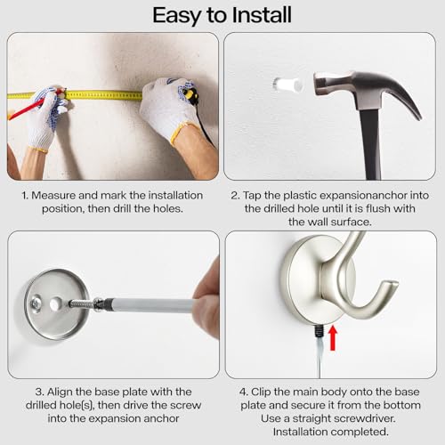 Matte Silver Towel Hooks 4 Pack, Heavy Duty Zinc Alloy Double Prong Coat Robe Hooks, Wall Mounted Towel Hooks for Bathroom, Kitchen, Closet, Garage, Entryway (195silver) - color: Brushed silver