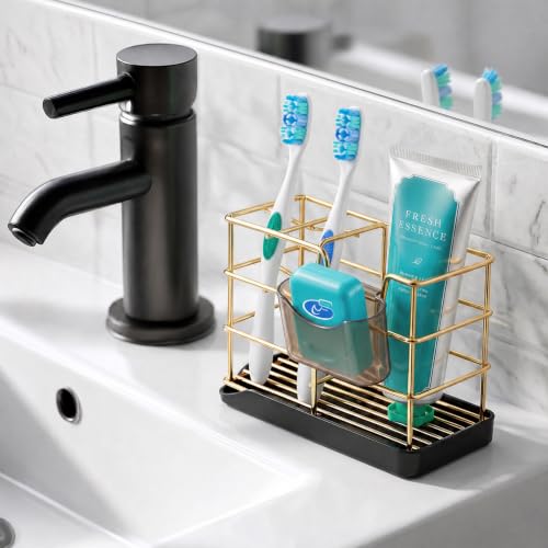 HBlife Toothbrush Holders for Bathrooms Gold, Small Stainless Steel Bathroom Toothbrush Holder with Tray, Bathroom Accessories and Apartment Essentials - color: Gold
