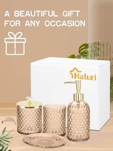 Haturi Glass Bathroom Accessories Set, Amber Brown Bathroom Set, 4 Pcs | Kit w/ Bathroom Soap Dispenser Set, Toothbrush Holder, Qtip Holder, Soap Dish, Brown Bathroom Decor, Gift for Home Apartment - style: Amber Brown