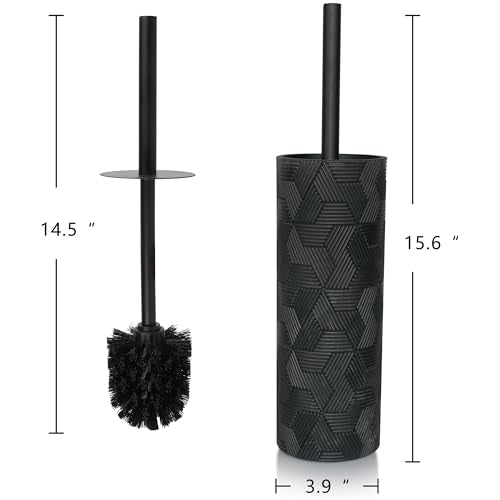 Matte Black Geo Design Resin Toilet Bowl Holder and Brush Set, Stylish Geometric Design with Durable Bristles, Compact and Modern - style: Matte Black Geo