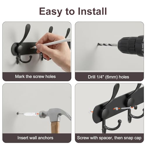 YUNISS Coat Rack Wall Mounted,5 Tri Stainless Steel Coat Hook for Coat Hat Robes Towel in Mudroom Entryway (Black, 1 Pack 5 Hook) - color: Black, size: 1 Pack 5 Hook