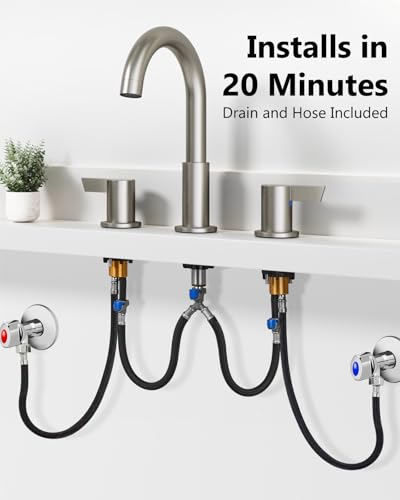 Brushed Nickel Bathroom Faucet 3 Hole, 8 Inch Widespread 2-Handle | SUS304 Stainless Steel, 2-Handle Control, Pop-Up Drain, Supply Lines and Mounting Hardware for 8-Inch Widespread Vanity Sinks - color: Brushed Nickel