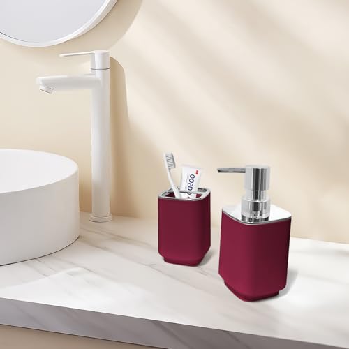 2Pcs Burgundy Bathroom Set, Square Boho Soap & Toothbrush Holder Set | Thick shatterproof ABS, electroplated rust-proof pump, drip-free, multi-slot holder, dustproof lids, easy-clean - color: Burgundy, size: 2PCS
