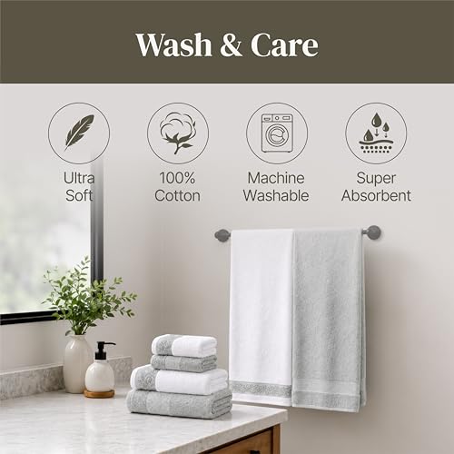Modern Threads 600 GSM 6-Piece Towel Set with Filgree Jacquard Border, Silver - color: Silver, style: Jacquard Border
