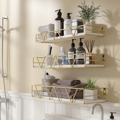 Floating Shelves Set of 3, Wood Wall Shelf, Farmhouse Shelf for Bedroom | Wall Mounted Floating Shelf for Living Room, Bedroom, Bathroom, Kitchen, Office - color: Gold