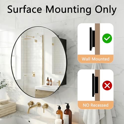 Black Medicine Cabinet Mirror, Wall Mounted Bathroom Vanity with Mirror, 20.47" Round Bathroom Medicine Cabinet with Storage Function, Removable Shelves, Metal, NO Assembly