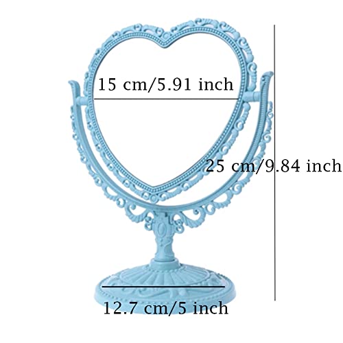 AKOAK Heart-Shaped Cosmetic Mirror - Plastic, Double-Sided, Rotatable, Lightweight Tabletop Mirror for Bathroom & Bedroom (Blue) | Plastic, Double-Sided, Rotatable, Lightweight Tabletop - color: Blue