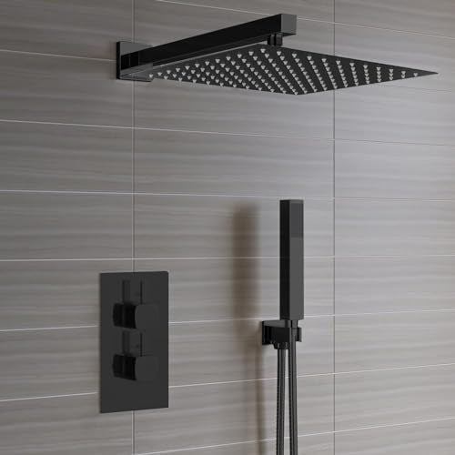 Voolan All Metal Shower Head with Extension Arm, Stainless Steel Waterfall Rainfall Showerheads, High Flow Bathroom Square Rain Shower Head (10’’ Shower Head with 16’’ Shower Arm, Black) - color: Matte Black, size: 10’’ Shower Head with 16’’ Shower Arm
