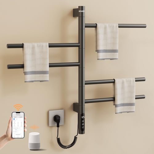 Smart Rotating Heated Towel Rack, 5-Bar Wall-Mounted, Gray | Electric Towel Warmer with Swivel Bars, Wi-Fi App Control, 24H Timer, Stainless Steel, IPX5, Hardwired/Plug-in - color: Gray 16.34"x26.77"