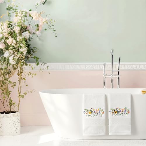 SmoothNovelty 2 Pcs Boho Floral Hand Towels Cream Bathroom Decor 14x29 Inch Embroidered 100% Cotton Soft Absorbent Spring Summer Decorative Hand Towels for Bathroom Kitchen - style: Boho Floral