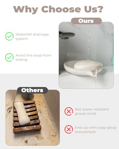 Zoeeker Soap Dish with Drainage, Ceramic Self Draining Bar Soap Holder | Bar Soap Saver with Waterfall Design Round Soap Tray for Shower Bathroom Kitchen Sink Bathtub, Keep Bar Soap Dry, Beige White - color: Beige White, size: Round
