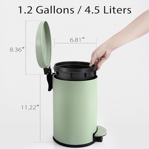 TIPGO Small Bathroom Trash Can with Lid Soft Close, 1.2 Gal, Green | Hands-Free Step Pedal, Removable Inner Bucket, 4.5 Liters, Round Stainless Steel Garbage Can for Bedroom, Office, Kitchen - color: Green