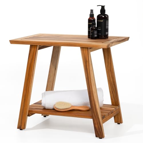 Bme Premium Teak 2-Tier Shower Bench, Space-Saving Multifunctional Wooden Shower Shelf, Easy Install with Anti-Rust Hardware & Adjustable Leveler - style: Teak Shower Bench