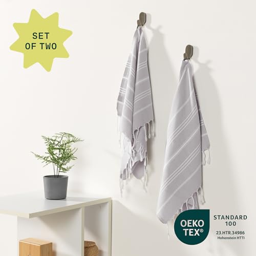 WETCAT Turkish Hand Towels with Hanging Loop, Set of 2 (20" x 30") 100% Turkish Cotton, Pre-Washed, Quick Drying, for Kitchen or Bathroom - Light Grey - color: Light Grey