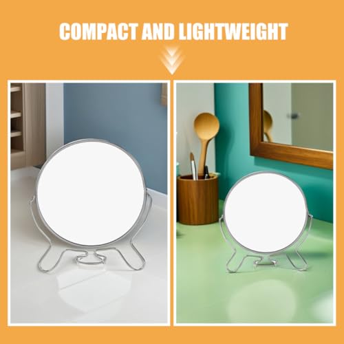2pcs Double Sided Makeup Vanity Mirrors with Stand, 6-inch Round Lightweight Metal Frame and Glass, Foldable Swivel Tabletop Mirrors for Eyebrow Grooming at Home Use