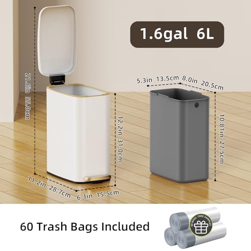 KSSKSS Small Bathroom Trash Can with Lid Soft Close, Step Pedal, 6L / 1.6 Gal Stainless Steel Garbage Bin with Removable Inner Bucket, Slim Wastebasket for Narrow Spaces (White) - color: White--P