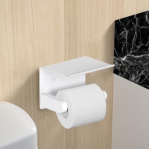 VAEHOLD Self Adhesive Toilet Paper Holder with Phone Shelf Stainless Steel Wall Mounted Toilet Paper Roll Holder - Bathroom Washroom Tissue Roll Holder with Storage Shelf - White - color: White