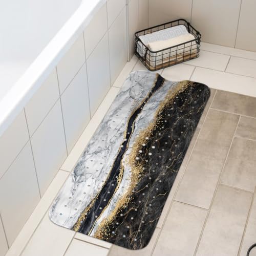 LNOND Marble Bath Tub Mat Non Slip, Extra Long 40 X 16 Inch Anti Slip Mat for Bathtub, Black Grey Marble Shower Mat with Drain Holes and Suction Cups, Machine Washable - color: Blue Marble
