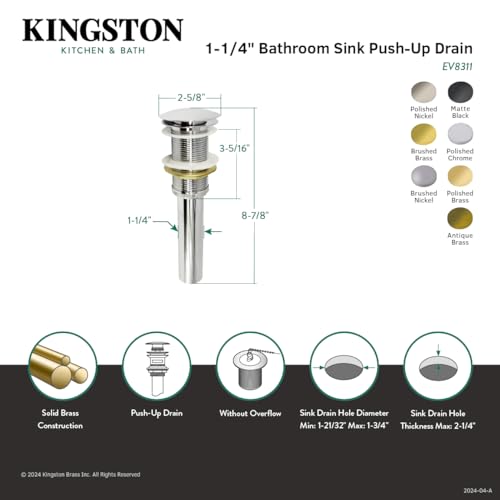 Kingston Brass EV8316 Coronet Push Pop-Up Bathroom Sink Drain Without Overflow, Polished Nickel 8.88 x 2.63 x 2.63