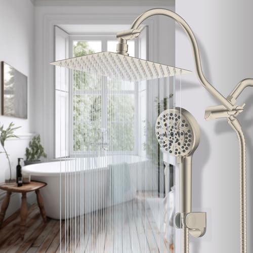 Hibbent All Metal CUPC Certified Shower Head, 10'' High Pressure Rainfall Shower Head, Handheld Showerhead Combo, 12'' Adjustable Extension Arm, 10 Sprays, 71'' Hose, Showerhead Holder, Brushed Nickel - color: Brushed Nickel, style: Square 10''