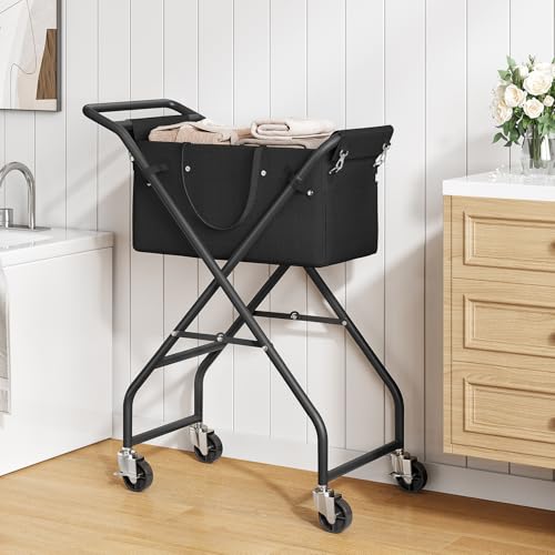No-Bend Laundry Cart- Rolling Hamper with Locking Wheels & Handle, Foldable Basket Screw-Free Assembly, Durable Metal Frame & Removable Liner Bag for Bedroom & Bathroom (Black) - color: Black
