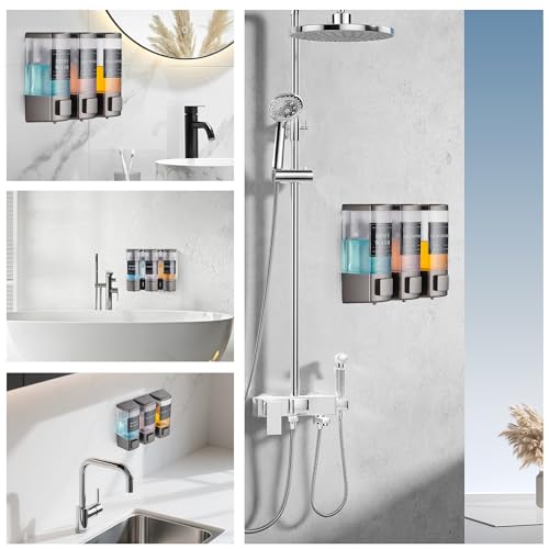 Shower Shampoo Dispenser 3 Chamber No Drill, Grey | Wall Mounted, Large Capacity 3×16.9oz, ABS Plastic Material, Refillable With Labels, For Bathroom Hotel - color: Dm35-grey