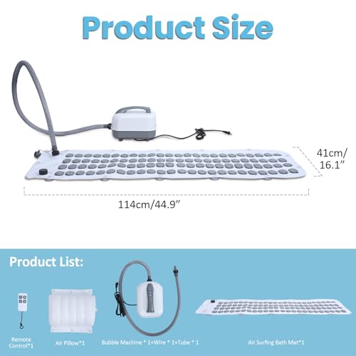 Portable Spa Bubble Bath Mat, Full Body Bubbling Non-Slip Bath Mat with Remote, Pillow & Electric Air Pump - Adjustable Bubble Settings for Bathtub Home Spa Relaxation (Normal Suction Cup)