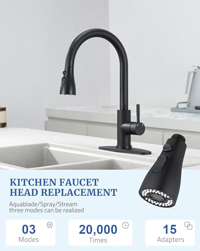 Metal Kitchen Faucet Head Replacement, 3-Mode Sprayer Head with 15 Adapters | 304 Stainless Steel, Pull Down Sink Faucet Head, Stream/Spray/Blade, Compatible with Moen/Delta/Kohler, Matte Black - color: Matte Black