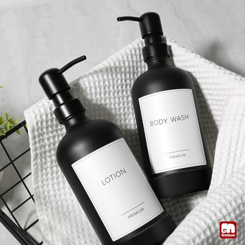 GMISUN Black Soap Dispenser with Silicone Sleeve Boot, 2 Pack Glass Bathroom Hand Soap Dispensers with Stainless Steel Pump, 17 Fl Oz Kitchen Hand and Dish Soap Dispenser Set, Liquid Dispensers Bottle - color: Black Bottle + Black Pump + Silicone Boot, si