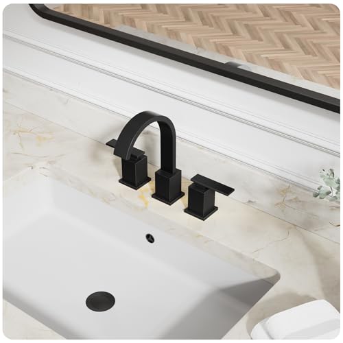 8 Inch Widespread Waterfall Matte Black Bathroom Faucet,3 Hole Vanity Faucet with Pop Up Drain and Water Supply Line, WF011-MB - color: Matte Black-8 IN