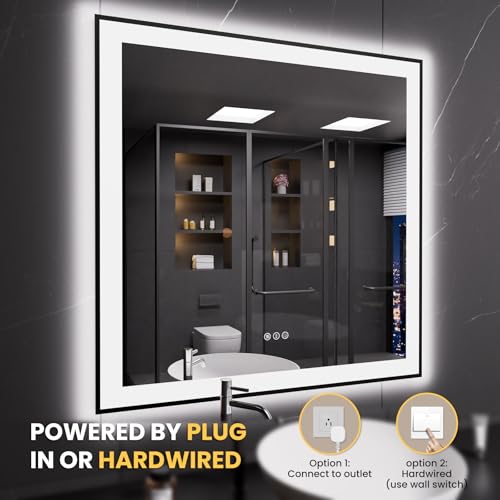 LOAAO 38"X38" LED Bathroom Mirror Black Framed | Anti-Fog, Dimmable, Memory Function, Tempered Glass, Lighted Vanity Mirror for Wall - size: 38"L x 38"W