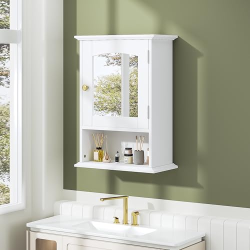 VECELO Bathroom Wall Cabinet with Mirror, Small Medicine Cabinets with Door, Wood Adjustable Shelf, 14.7 x 19.8 x 7.1 Inches, White