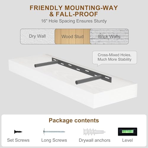 Fun Memories 60 Inch Fireplace Mantel - Long Floating Shelf, Wall Mounted Farmhouse Display with Invisible Heavy Duty Metal Bracket, White, 2 Pack - color: White, size: 60"W x 6.5"D