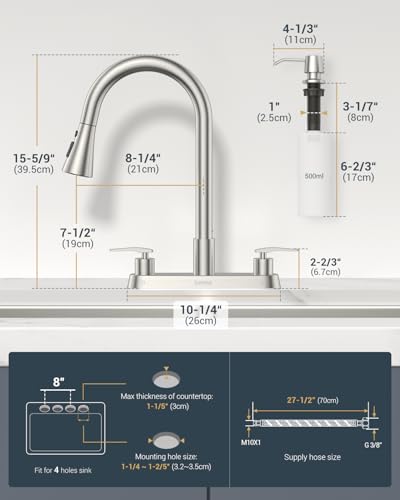 DAYONE 2 Handle Kitchen Faucet with Pull Down Sprayer, 4 Holes Sink Faucets for Kitchen/RV with Soap Dispenser Stainless Steel, Brushed Nickel - color: Brushed Nickel, style: 4 Holes Pull Down