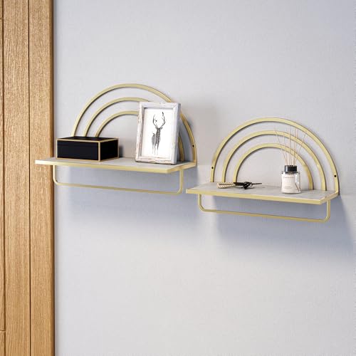 Oakrain Gold Wall Shelf with Arched Metal Frame, Set of 2, 13"&16" | Rustic Wood Floating Shelves, Farmhouse Towel Rack for Bathroom, Entryway, Living Room, Bedroom - color: Gold