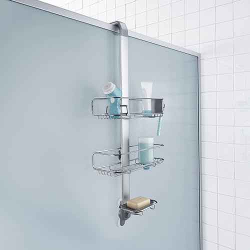 simplehuman Over Door Shower Caddy, No-Drill Auto-Tightening Hanger for Glass Shower Doors, Quick-Adjust Shelves, Quick-Dry Soap Dish, Bathroom Organizer, Rust-Proof Stainless Steel - style: Over Door