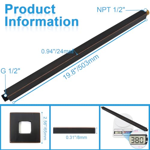 Ceiling Mount Rain Shower Head Extension Arm with Flange 20 Inches Square Straight Extender Extension Pipe Replacement, Long Shower Arm for High Ceiling,Oil-Rubbed Bronze - color: Oil Rubbed Bronze, style: 20inch