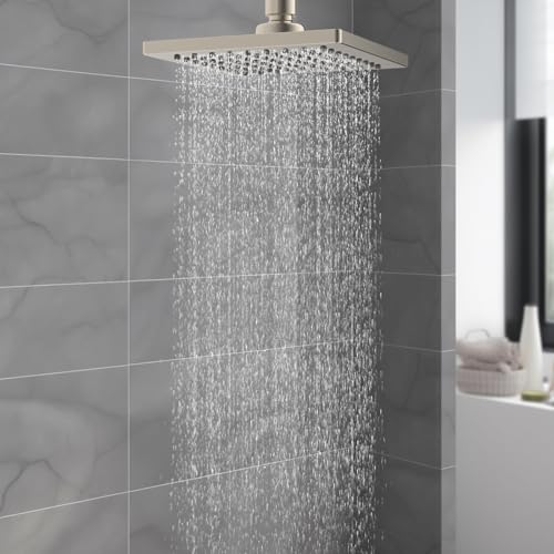 Hibbent cUPC Certified Thickness Metal 6'' Rain Shower Head, Brushed Nickel | High Pressure Shower Head, Bathroom Waterfall Shower Heads, High Flow Fixed Showerheads with Adjustable Brass Ball Joint - color: Brushed Nickel, style: Square 6''