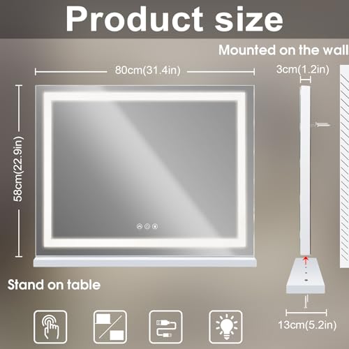 FENCHILIN Vanity Mirror with Lights 32” x 23” Hollywood Makeup Mirror with Light Strip Smart Touch Control 3 Colors Dimmable & 10X Magnification Tabletop White