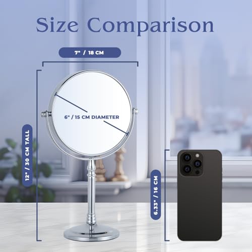 15X Magnifying Makeup Mirror with Stand - Double-Sided 15X/1X Design - Suitable for Vanity Desk, Dressing Table, or Bathroom Countertop for Precise Make Up - 12" High x 6" Wide (Chrome)