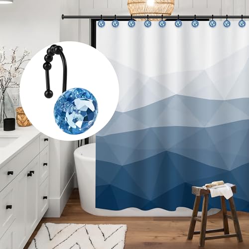 Sunlit Luxury Design Round Blue Diamond Crystal Gem Bling with Glide Balls Shower Curtain Hooks, Rust Proof Metal Rhinestones Glam Shower Curtain Rings with Black Hooks, Set of 12 - color: Blue With Black Hooks