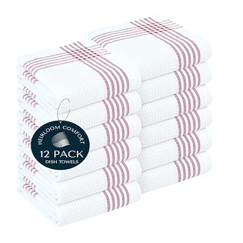Burgundy and White Waffle Kitchen Towels 12 Pack, 100% Cotton, 16x26 Inch, Absorbent, Quick Dry, Durable Dishcloths for Wiping, Cleaning, Machine Washable, Kitchen, and Cooking Use - color: Burgundy Wine, White, style: 12 Pack